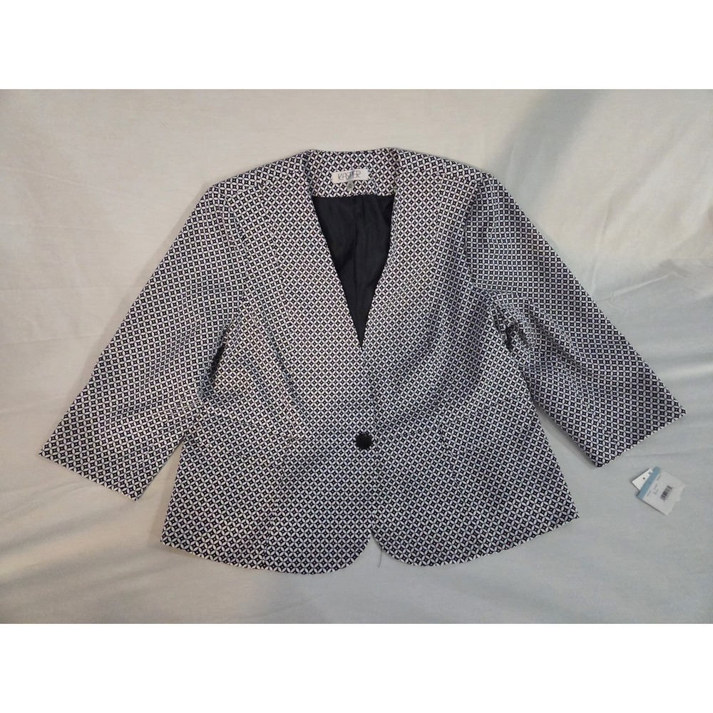 Kasper Womens 20W Blazer Black White Geometric Tile Print 3/4 Sleeve NWT
